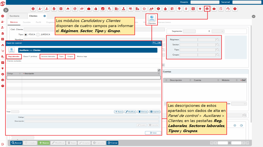 782. Candidatos/Clientes – Alta de Regímenes, Sectores, Tipos y Grupos