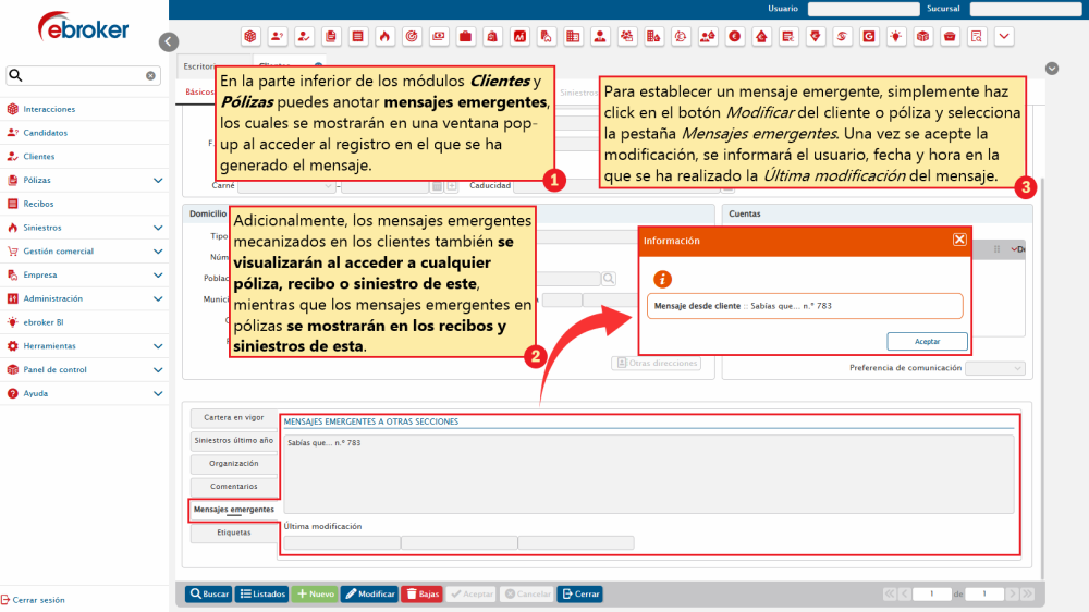783. Clientes/Pólizas – Mensajes emergentes