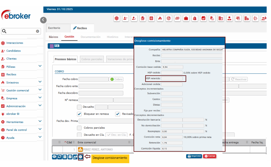 786. HSP retenido en el desglose del Plan Comercial de recibos